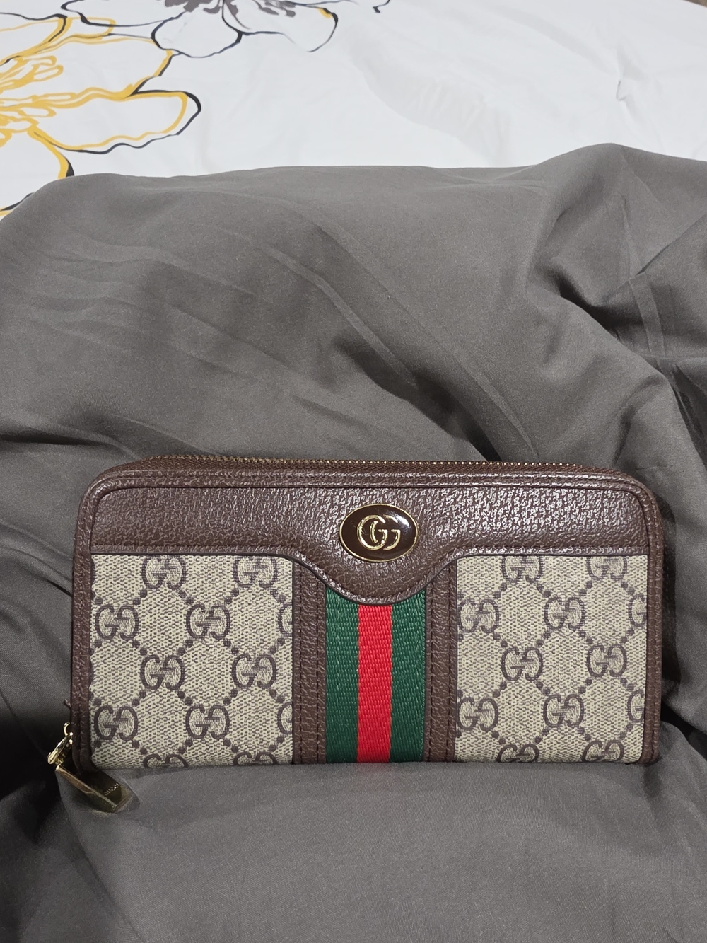 Gucci Brown GG Canvas Zip Wallet with Green-Red Web Stripe